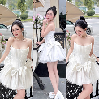 Đầm cúp ngực đính nơ váy lưới xoè