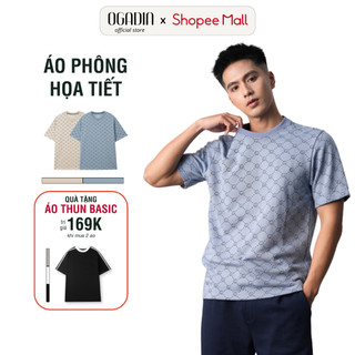 Áo phông nam OGADIN thun cotton cổ tròn in logo hoạ tiết OTS002