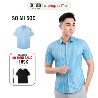Áo sơ mi nam tay ngắn OGADIN kẻ sọc xanh dáng ôm tôn dáng chất liệu cao cấp OSM006
