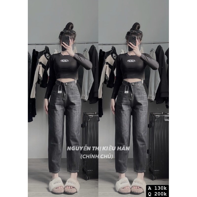 Set Quần Baggy jeans nữ xám khói + croptop tay dài logo D Hot