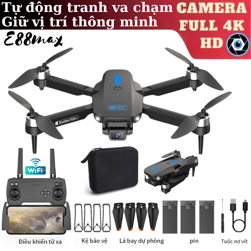 PIycam Mini, Flaycam Giá Rẻ, Máy Bay Không Người Lái E88 Max Camera Kép 4K Full HD Chế Độ Cảm Biến Tránh Va Chạm Tự Động | BigBuy360 - bigbuy360.vn