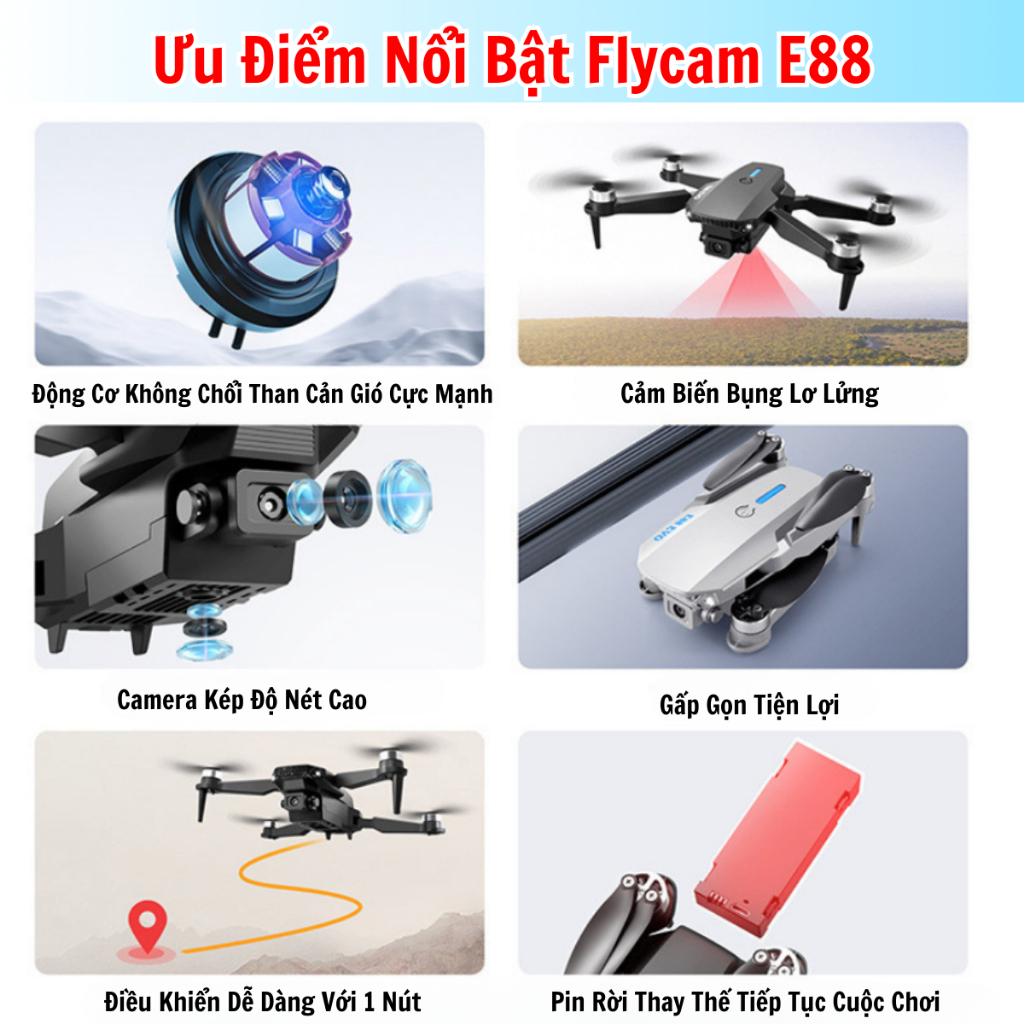 PIycam Mini, Flaycam Giá Rẻ, Máy Bay Không Người Lái E88 Max Camera Kép 4K Full HD Chế Độ Cảm Biến Tránh Va Chạm Tự Động | BigBuy360 - bigbuy360.vn