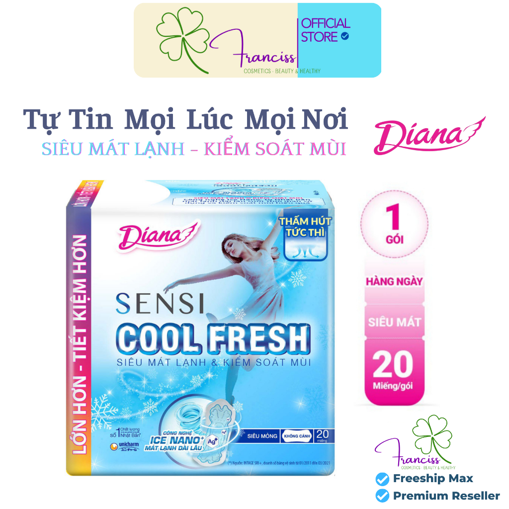 Băng Vệ Sinh Siêu Mỏng Cánh Diana Cool Fresh - Diana SenSi Cool Fresh 8-20 Miếng/Gói