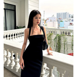 Đầm Body 2 Dây Midi Hở Lưng Phối Dây Bảng To