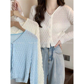 Áo khoác nữ , áo khoác len nữ cardigan mỏng chất nhăn sóng mềm mịn mát hàng QC màu trắng kem xanh - RUBY DESIGN - 812