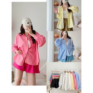 Set Áo sơ mi kiểu nữ chất thô mềm form rộng dài tay kèm shorts xinh 4 màu style Hàn Quốc
