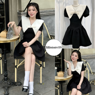 Váy đính nơ cổ v phối vạt trắng tiểu thư