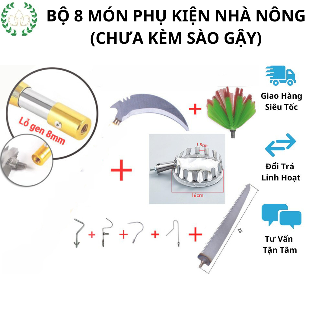 Bộ Phụ Kiện 8 Món (Lưu Ý Chưa Kèm Sào Gậy)Hái Trái Cây,Cắt Cỏ,Cưa Cành ,Treo Lồng Chim, Bắt Cá, Phơi Đồ, Quét Mạng Nhện,