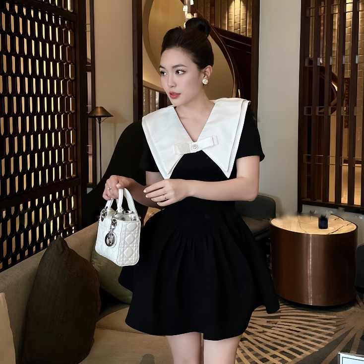 Váy Tuyết Mưa Cộc Tay Cổ Vát Đính Nơ Dáng Bồng, Đầm Dự Tiệc Tiểu Thư Sang Chảnh | BigBuy360 - bigbuy360.vn