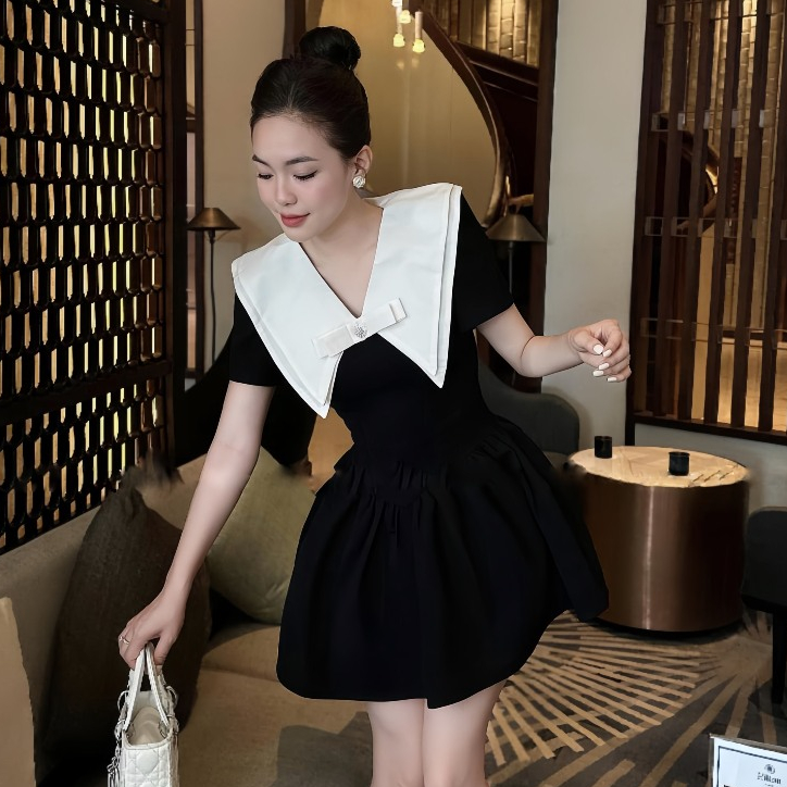 Váy Tuyết Mưa Cộc Tay Cổ Vát Đính Nơ Dáng Bồng, Đầm Dự Tiệc Tiểu Thư Sang Chảnh | BigBuy360 - bigbuy360.vn