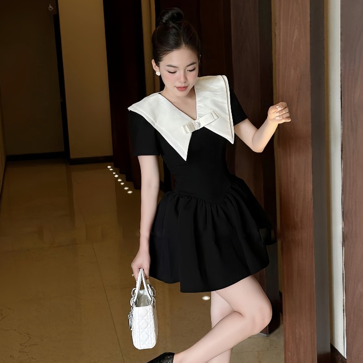 Váy Tuyết Mưa Cộc Tay Cổ Vát Đính Nơ Dáng Bồng, Đầm Dự Tiệc Tiểu Thư Sang Chảnh | BigBuy360 - bigbuy360.vn