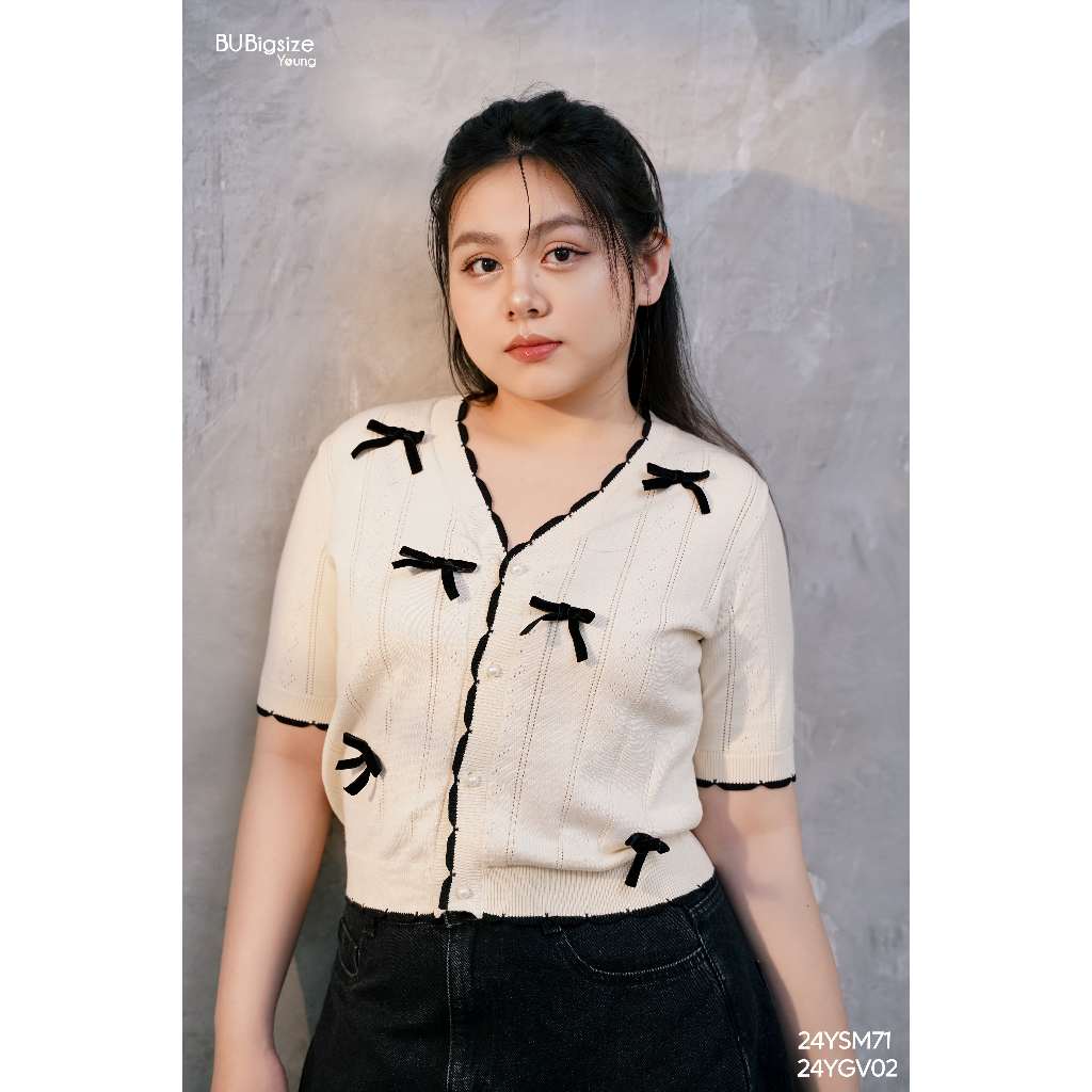Áo len viền cổ chữ V đính nơ nút ngọc BIGSIZE ( 55kg đến 95kg) - 24YSM71 - [BUstu Bigsize]