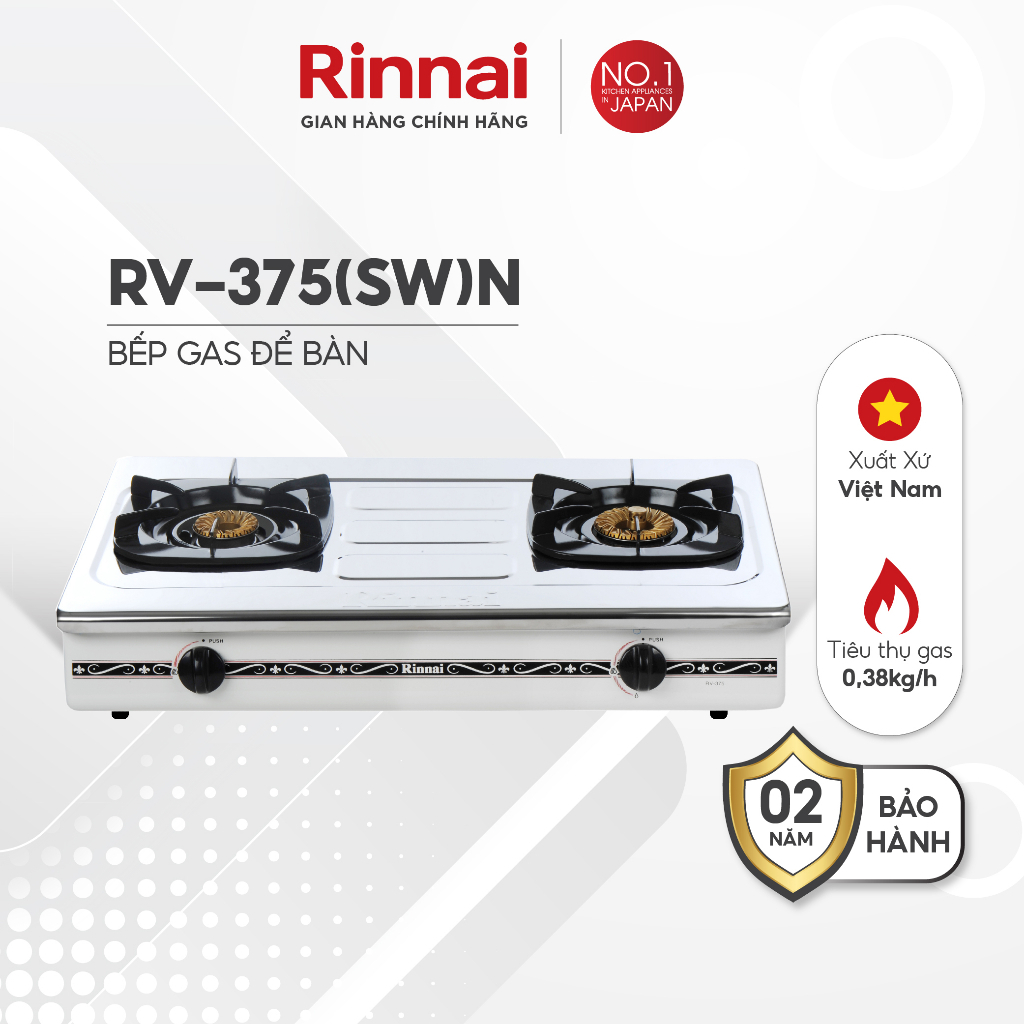 Rinnai RV-375 -- Bếp gas dương Rinnai RV-375(SW)N mặt bếp inox và kiềng bếp men - Hàng chính hãng.