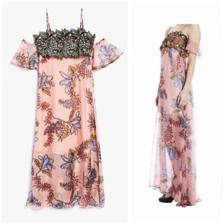 [HÀNG MỸ] Đầm maxi NICOLE MILLER form xòe voan lụa dây trễ vai bèo ngực phối ren hoa lá hồng pastel