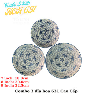 Combo đĩa gốm sứ đựng món chính hoa văn, đĩa gốm sứ hoa trọn bộ 3 size đĩa