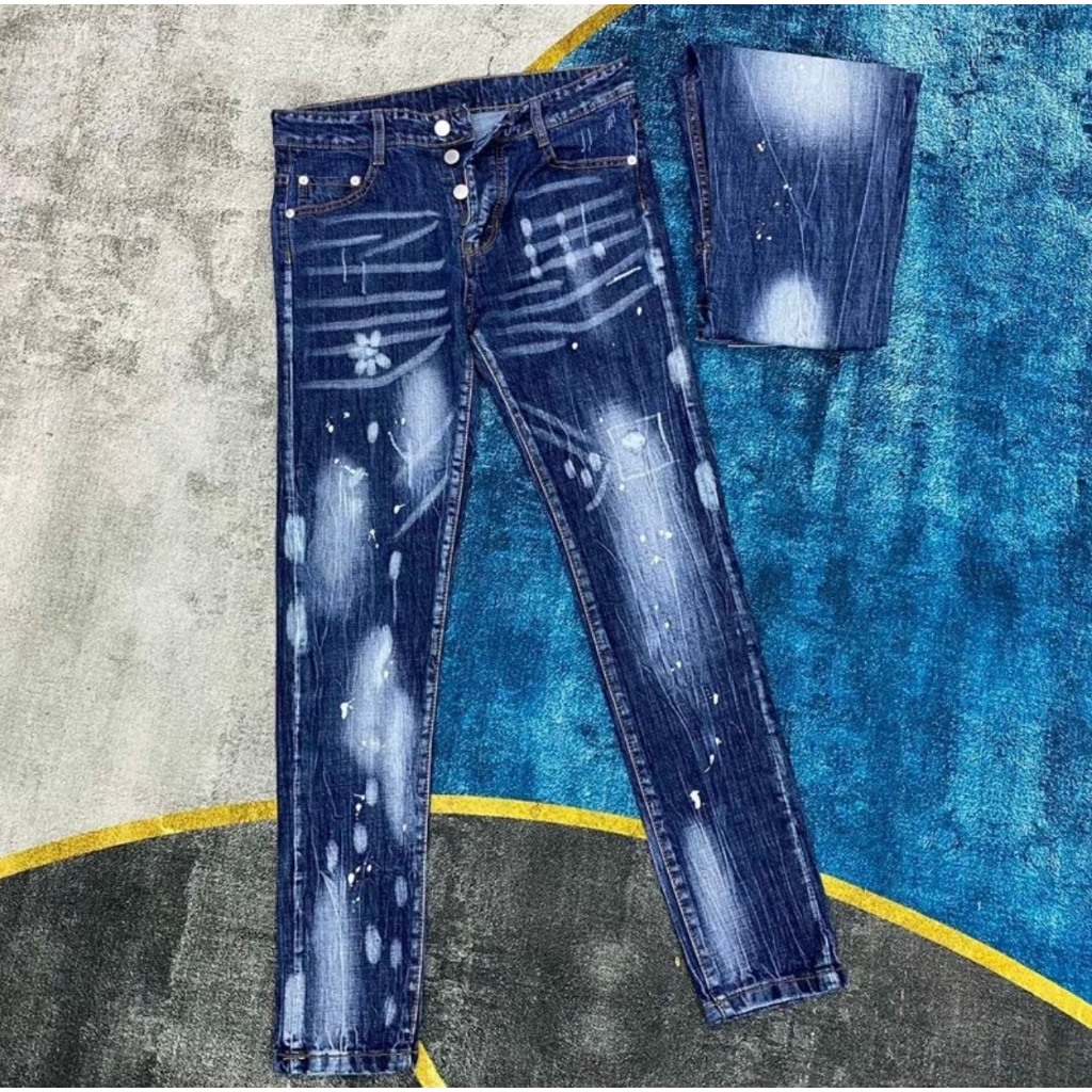 Quần jean nam boy phố cao cấp màu xanh vải chất bò co dãn phối họa tiết phong cách mẫu mới