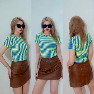 Áo croptop, cổ tròn, thun bo gân sọc xanh