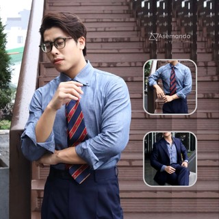 Buttondown Sơ mi xanh denim Cotton cổ buttondown Asemando Sơ mi nam dài tay Sartorial
