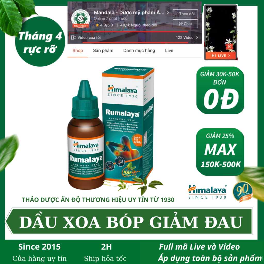 Dầu xoa bóp Himalaya Rumalaya Liniment 60ml - làm giảm đau khớp &amp; xương