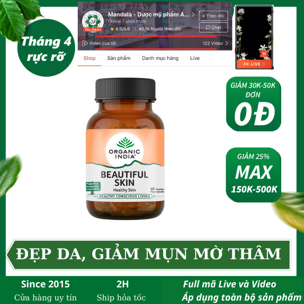 Beautiful Skin Organic India Viên đẹp da giảm mụn ẩn, giảm mụn nội tiết 60v - MandalaShop