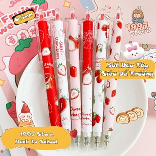 Bút bi bấm gel Dâu Tây cute mực đen siêu dễ thương, Bút bi bấm gel Dâu Tây in hình hoạt hình cute
