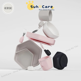 Bộ khay ăn dặm silicon, thìa dĩa tập xúc Heorshe cho bé có đế chống trượt an toàn, hàng chính hãng