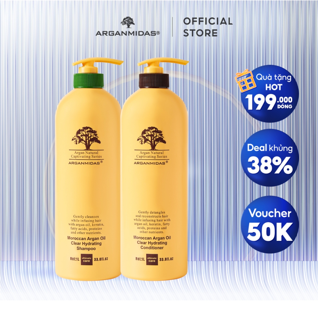 COMBO GỘI XẢ siêu dưỡng ẩm Arganmidas Moroccan Argan Oil Clear Hydrating - 1000ml