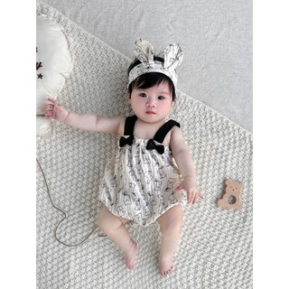 Bodysuit hai dây kèm turban vải xô muslin Body đùi cho bé gái Áo liền quần Body chip Thỏ đen SLH209