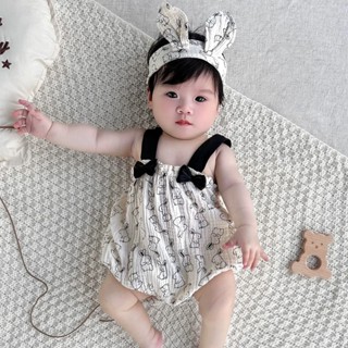 Bodysuit body chip hai dây kèm turban vải xô muslin Body đùi cho bé gái Áo liền quần Thỏ đen SLH209