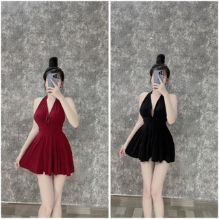 Váy đầm dự tiệc nữ, đầm cổ yếm dáng ngắn xòe màu đen / đỏ thiết kế hở lưng sang trọng, quyến rũ
