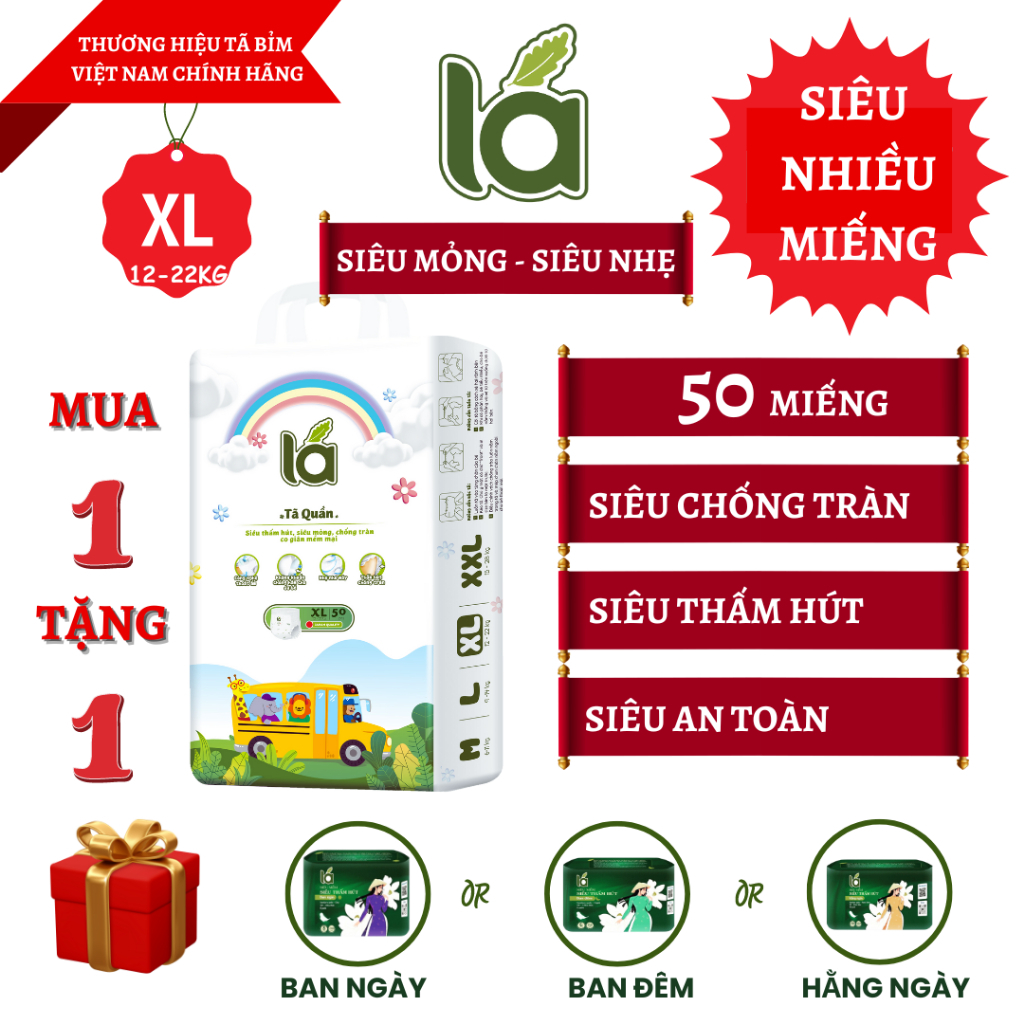 [MUA 1 TẶNG 2 BVS] Tã bỉm quần trẻ em 50 miếng, size XL (12-22kg) - Lá Việt Nam
