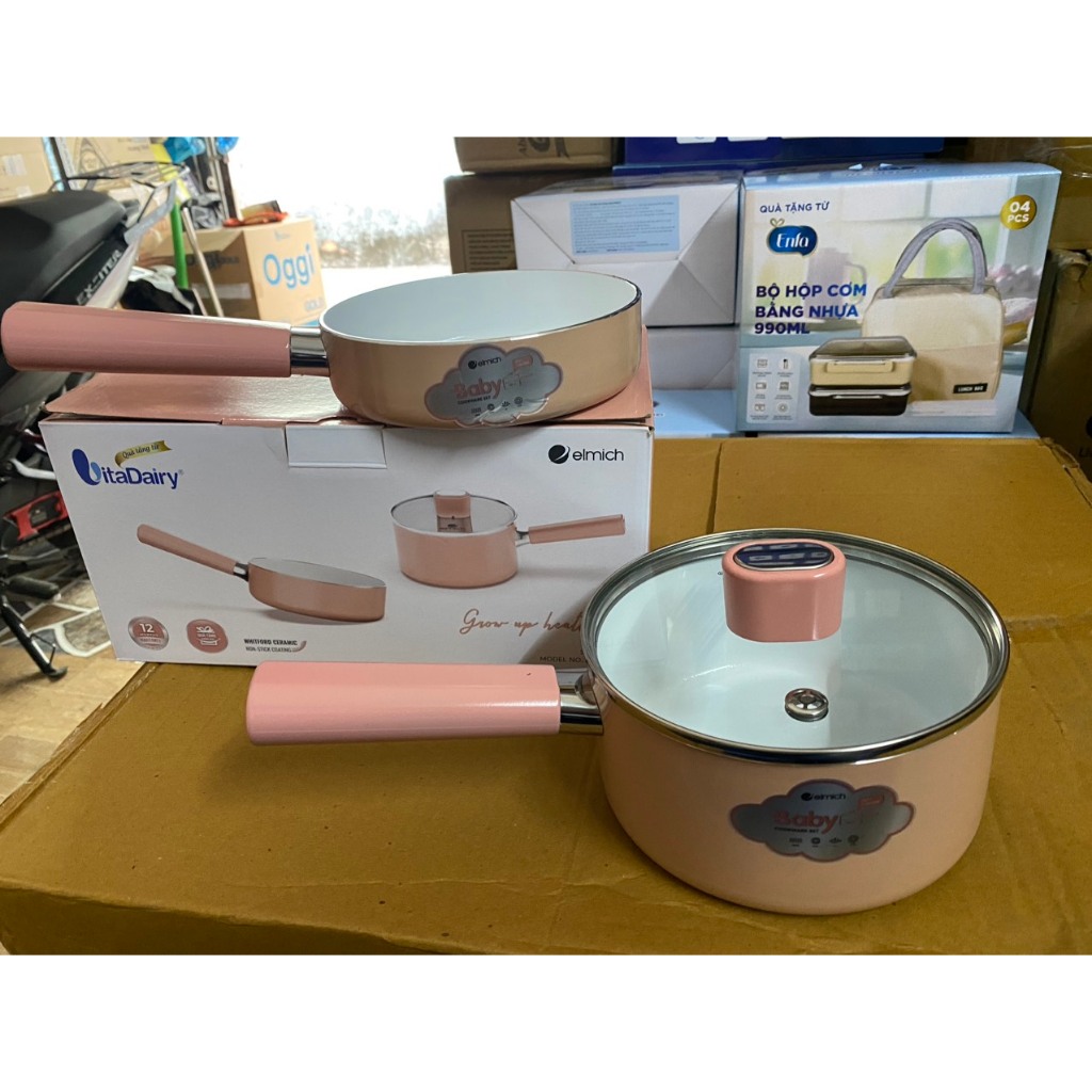 BỘ NỒI CHẢO NHÔM CHỐNG DÍNH ELMICH SIZE 16CM QUÀ TẶNG SỮA VITADAILY