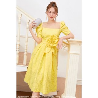 Đầm xòe tay ngắn cổ lưới dạ eo hoa hồng lớn