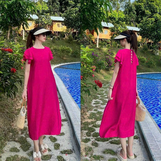 Váy Suông Cánh tiên đan dây lưng chất đũi xước màu xanh hồng