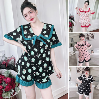  Đồ Bộ Đùi Bigsize Nữ Tay Ngắn Đồ Ngủ Mặc Nhà Quần Cộc Tiểu Thư Viền Bèo Trendy Big Size 50-100kg D102 
