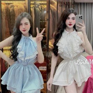 Jum nữ quần ống rộng bèo ngực phối ren