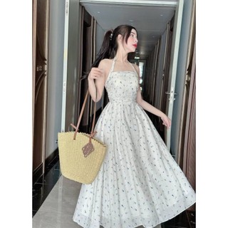 ĐẦM BIGSIZE CỔ YẾM HOA XANH NHÚN NGỰC (L-2XL)