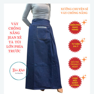 Váy chống nắng Jean loại một tà vải mềm mại co giãn, có túi xòe to,dài phủ chân,cố định bằng băng dính.