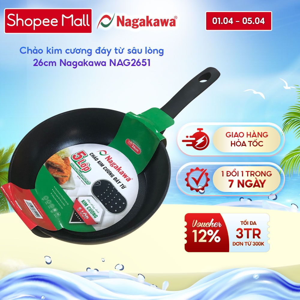 Chảo Chống Dính Bếp Từ Kim Cương Cao Cấp Sâu Lòng 26cm NAGAKAWA NAG2651 Đấy Từ Phù Hợp Nhiều Loại Bếp
