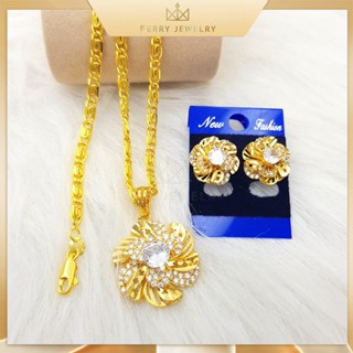 Set Dây Chuyền Nữ Kèm Bông Tai Trọn Bộ Dây Gạo Kèm Mặt Hoa Mai Đính Đá Sang Trọng Bền Màu | Berry Jewelry