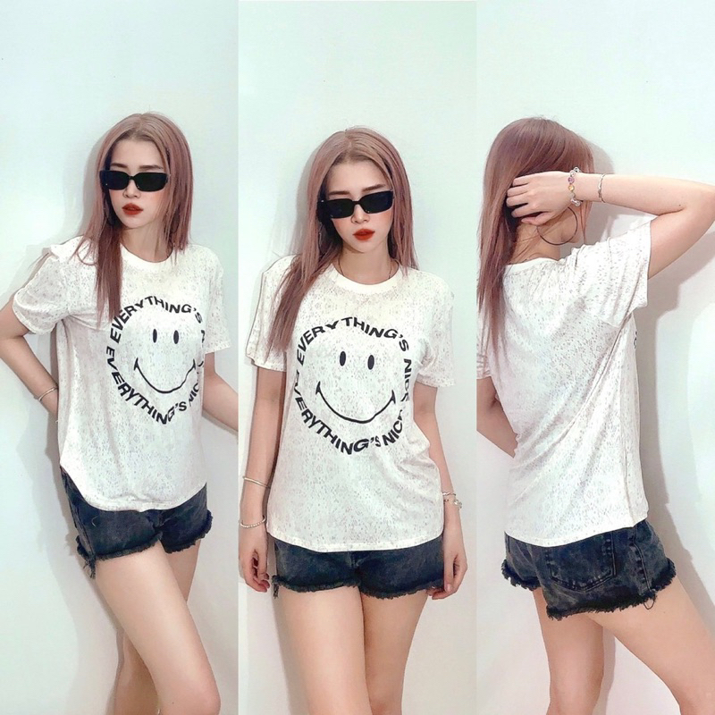 Áo thun basic form chuẩn, thun cotton lụa in mặt cười