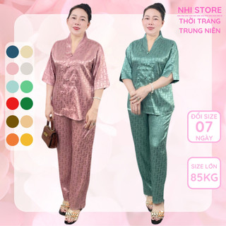 Bộ Quần Áo Trung Niên NHISTORE Đồ Bộ Gấm Satin Cao Cấp Đồ Lam Quần Dài Có Túi Áo Cổ V Tay Lửng Big Size 85kg