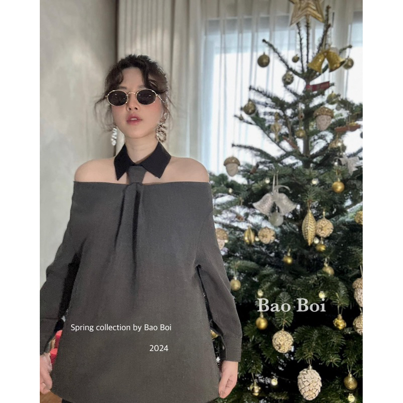 Set áo trễ vai cổ đức mix quần xuông Linh Hoàng