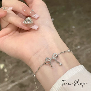 Lắc tay Bạc nữ gắn đá hình nơ cao cấp, Vòng tay bạc đính đá charm nơ TUNA SILVER, CAM KẾT CHUẨN BẠC