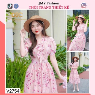 V2754 Váy voan hồng hoa nhí cổ nơ tiểu thư váy xoè hoa nhí hồng dập ly dáng dài