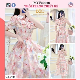 V4728 Váy hoa sơ mi hồng xoè dài [Dolce Viva Colection (DVC)] váy đầm hoa hồng xoè xếp ly ngực