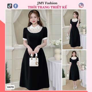 V470 Váy đầm đen xòe cổ sen phối ren sang chảnh [TH Hà Thanh] váy đen xòe phối cổ trắng nữ tính
