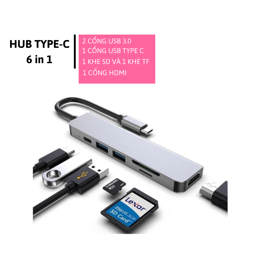 Hub chia cổng USB TYPE C sang USB 3.0 6 trong 1 dành cho laptop táo Pro,DELL,ASUS
