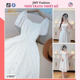 V4687 Váy đầm trắng cổ vuông dáng xòe tiểu thư [Dolce Viva Colection (DVC)] váy trắng thiết kế cổ vuông tay bồng nữ tính