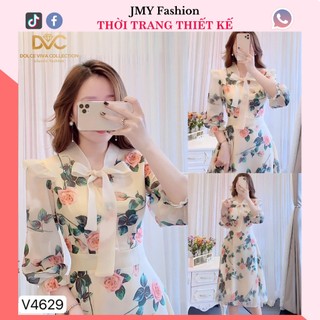 V1569, V4629 Váy kem hoa hồng cổ nơ dáng xòe công sở váy voan hoa tay lỡ dáng xòe nữ tính